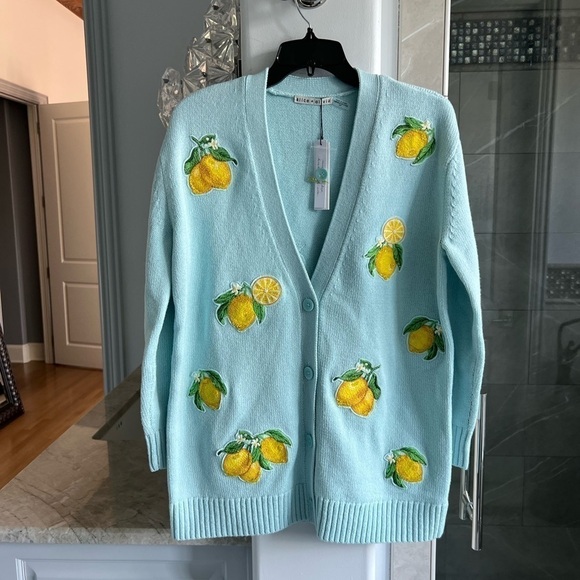 ALICE + OLIVIA BRADFORD LEMON EMBROIDERED GRANDPA CARDIGAN - Picture 12 of 16